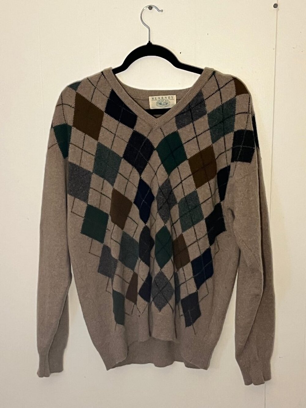 Irish Lambswool Argyle Sweater - L - Blarney Woolen Mills